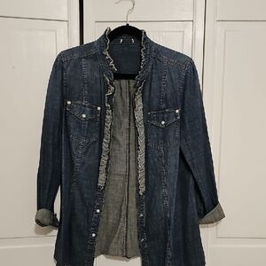Source Unknown Dark Blue Denim Ruffle Button Down Shirt
